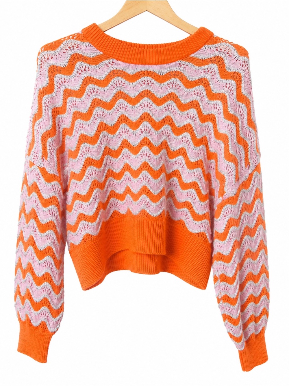 H&M | Wavy Chevron Pointelle Knit Sweater Orange Pink White | Women’s Size: M - Picture 3 of 5
